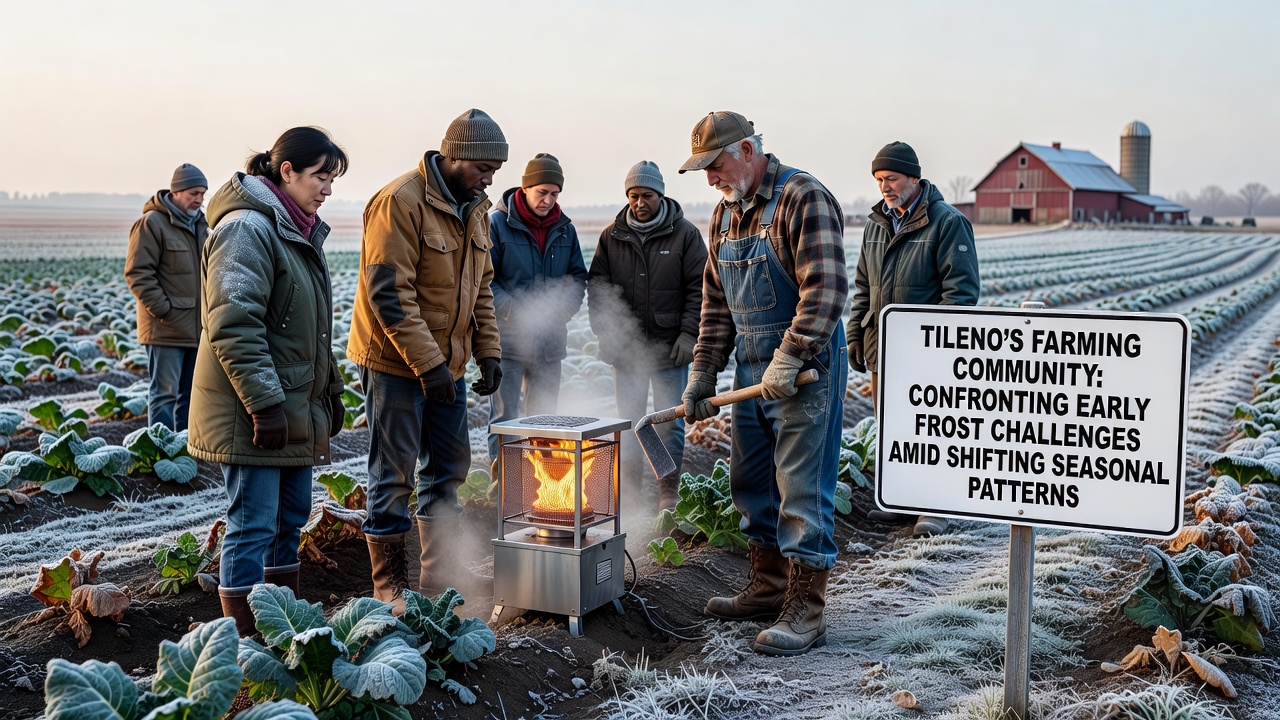 Farmers inspecting frost damage on vegetable crops in Tileno fields