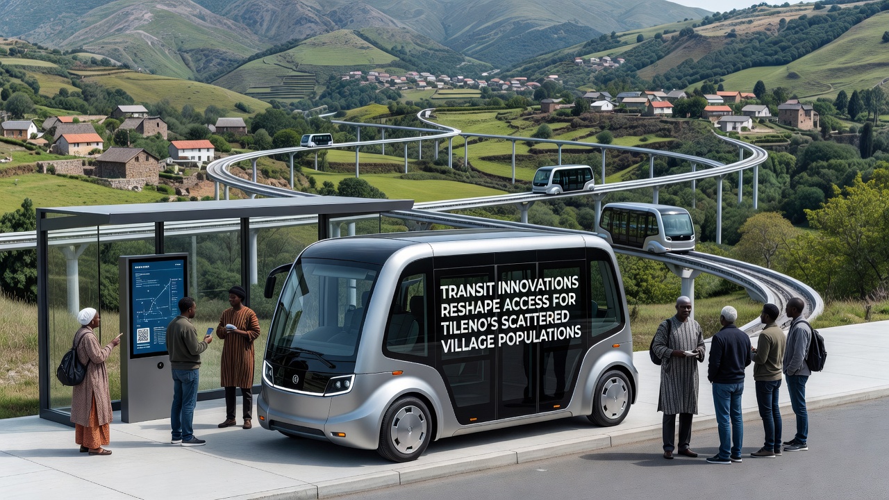 Passengers boarding an electric shuttle at a rural Tileno village stop