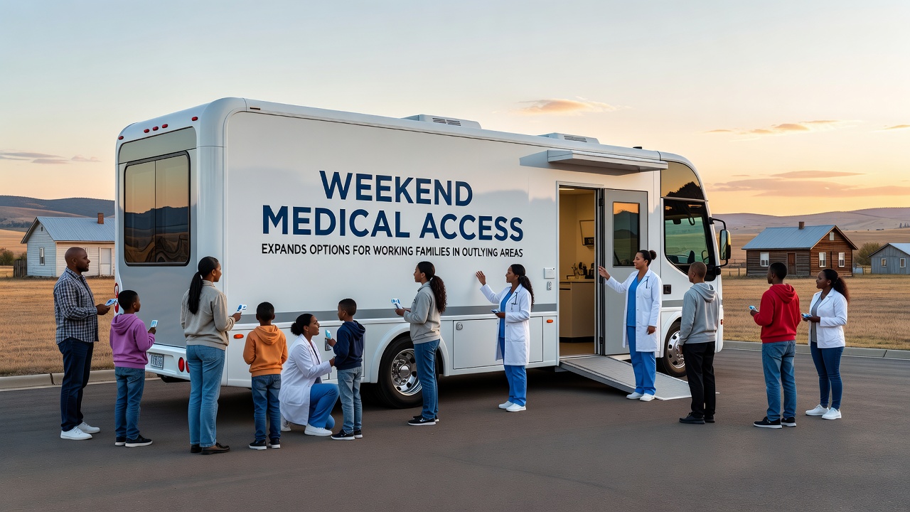 Healthcare workers assisting families at a weekend clinic in a rural setting